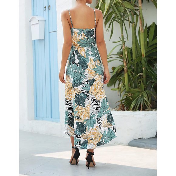 White Green Tropical Print Ruffle High Low Dress - Picture 3 of 9